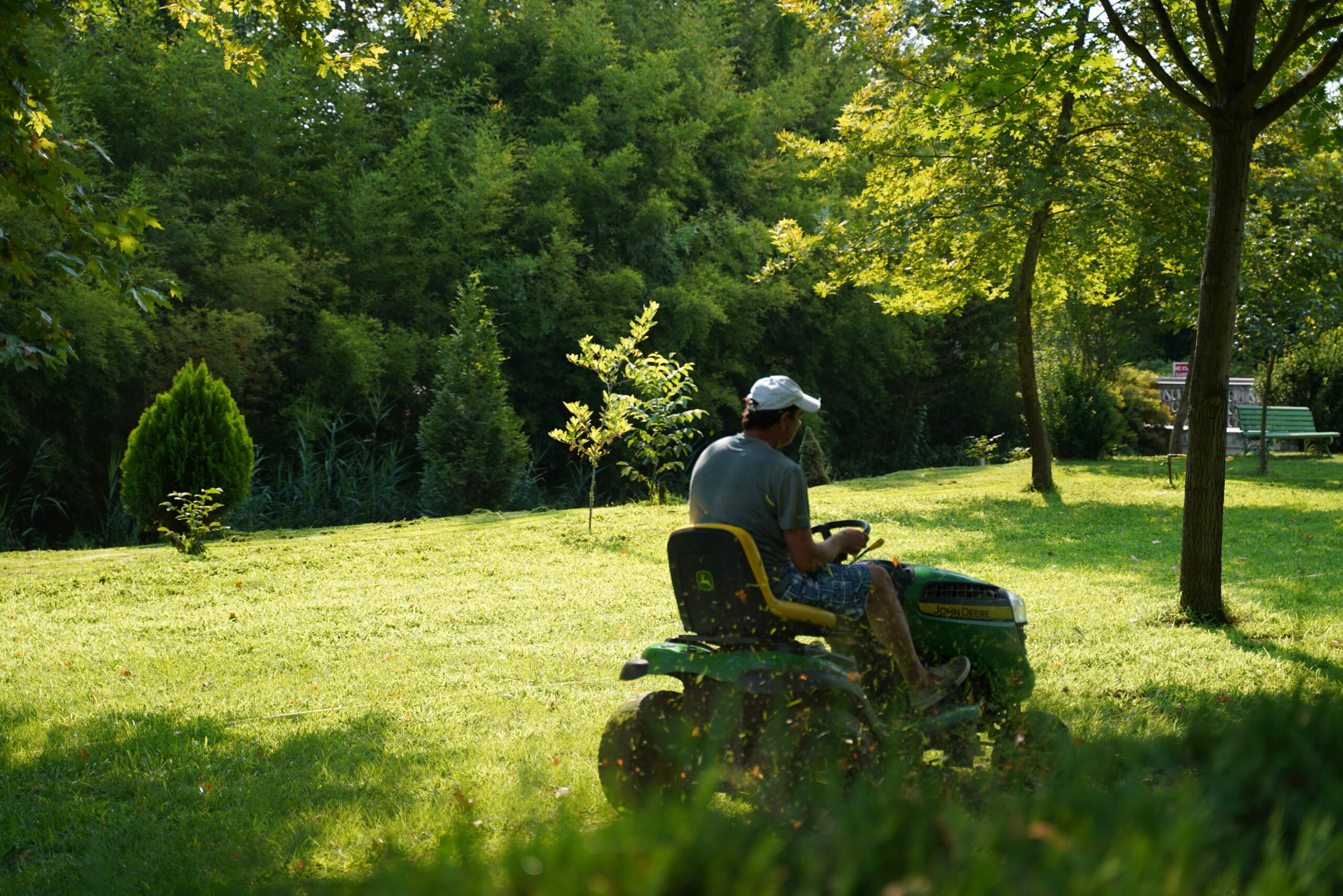 Teenused A man operating a lawn mower on a sunny day in a lush green garden, surrounded by trees and foliage.